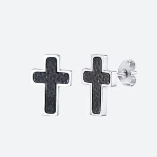 Boucle d’Oreille Croix Homme Acier et Carbone Noir