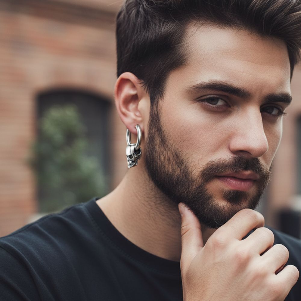 Boucle d’Oreille Homme Créole Acier Argenté Tête de Mort