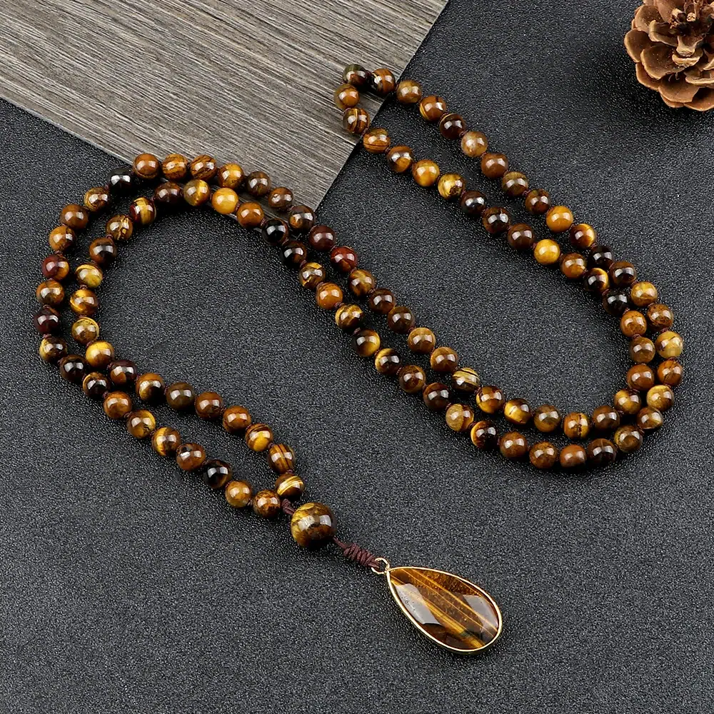 Collier oeil de tigre homme vintage 108 perles goutte noué main