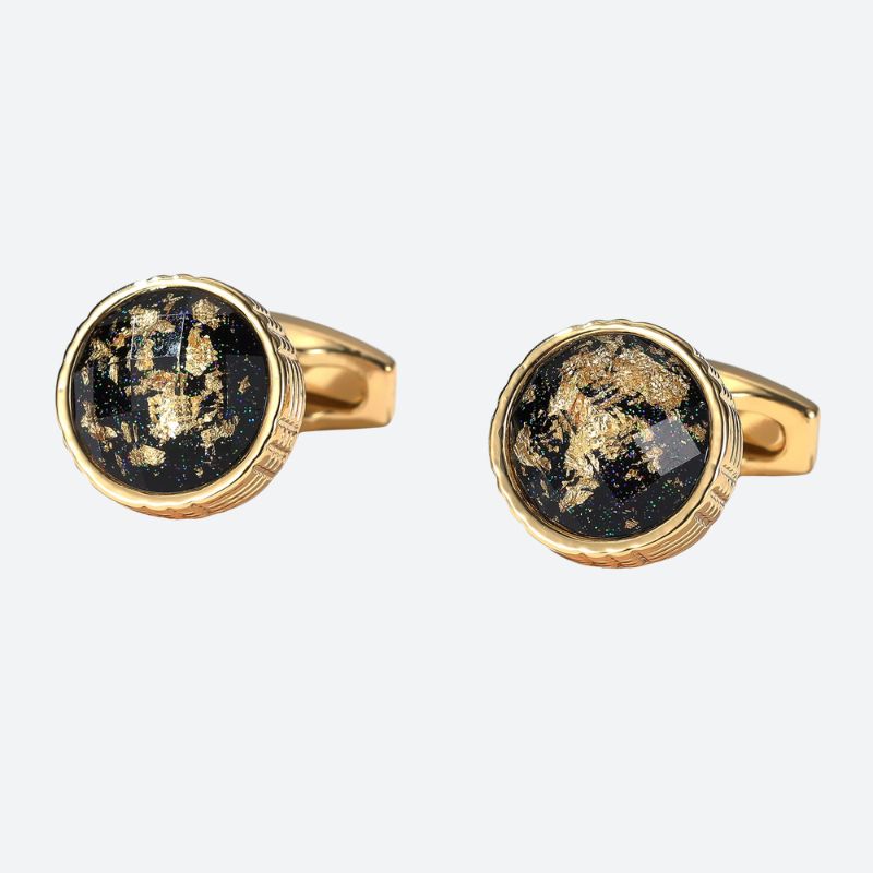 Bouton de manchette homme doré effet pierre noire et or