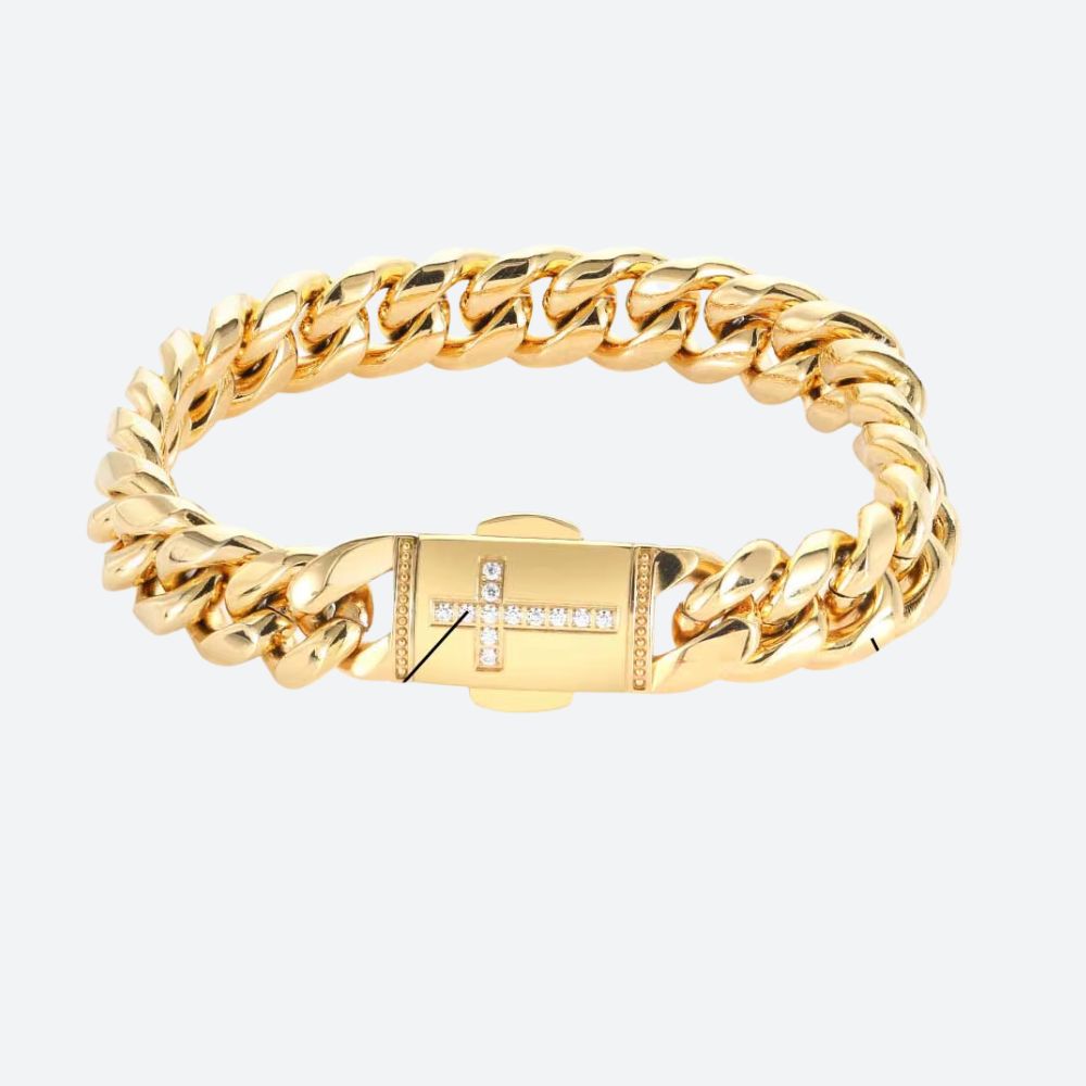 Gourmette Homme Or Acier Doré Croix Pavée