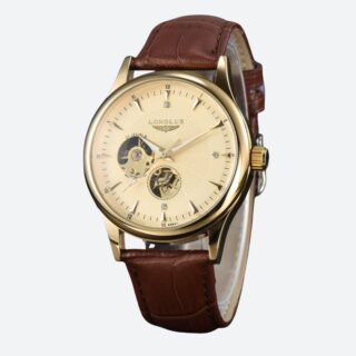 Montre automatique homme cuir doré – cadran ajouré raffiné