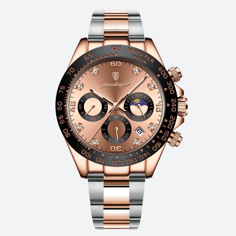 Montre chronographe homme acier bicolore – cadran rosé et noir