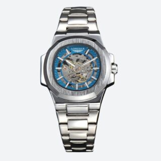 Montre design homme automatique argent cadran bleu