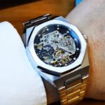 Montre design homme automatique argent – Cadran squelette géométrique