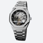 Montre design homme automatique argent – Cadran squelette géométrique