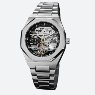 Montre design homme automatique argent – Cadran squelette géométrique