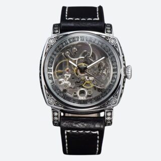 Montre homme design mécanique gravée cuir noir