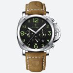 Montre vintage homme à quartz – cadran noir lumineux & bracelet camel