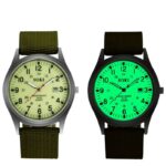 Montre vintage homme à quartz Cadran lumineux vert & bracelet kaki