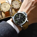 Montre vintage homme à quartz – cadran noir lumineux & bracelet camel